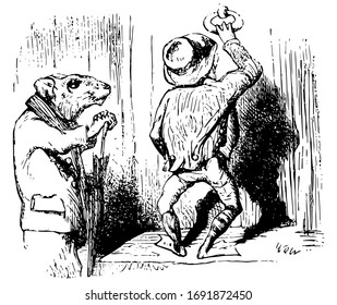 Frog Go A-Wooing, this scene shows  a rat in jacket and standing near a man, holding umbrella, vintage line drawing or engraving illustration