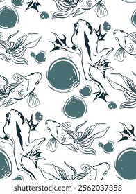 frog and gold fish carp japanese chinese vector design seamless pattern