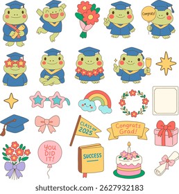 A frog graduation featuring cheerful frogs in caps and gowns, celebrating success