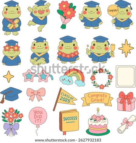 A frog graduation featuring cheerful frogs in caps and gowns, celebrating success