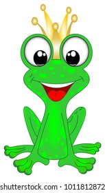Frog in green, happy and laughing with crown and wide mouth and teeth on isolated white background as vector