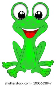 Frog in green, happy and laughing with wide mouth and teeth on isolated white background as vector