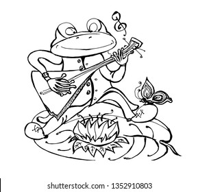 Frog with guitar. Hand-drawn vector illustration in cartoon style on white background.
