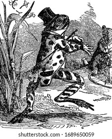 A frog with hat on head and stick, another animal in background, vintage line drawing or engraving illustration