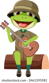 Frog in hat playing guitar happily