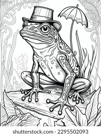 Frog in hat vector coloring book black and white for kids and adults isolated line art on white background.