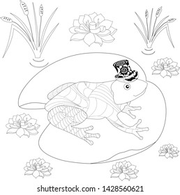 The frog in a hat-cylinder on a sheet of water lily among the reeds. Zenart Anti stress coloring.
