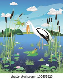 Frog and heron in a swamp