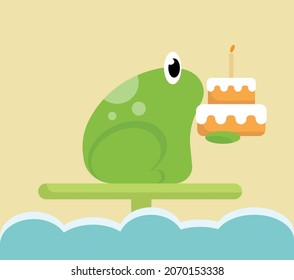 Frog holding a birthday cake.