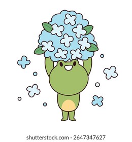 rã segurando buquê de hortênsias azuis, com flores menores espalhadas ao redor. desenho animado plano estilo vetor ilustração isolado no fundo branco