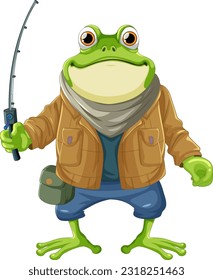 Frog holding fishing rod illustration