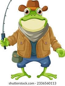 Frog holding fishing rod illustration