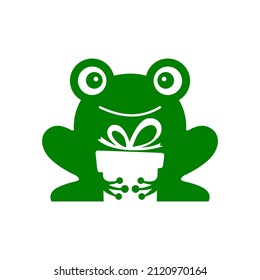 frog holding a gift negative space logo vector icon illustration