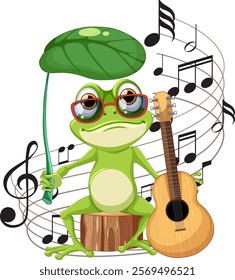 Frog holding leaf, surrounded by musical notes