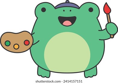 Rana sosteniendo un pincel de pintura. Ilustración vectorial de dibujos animados.