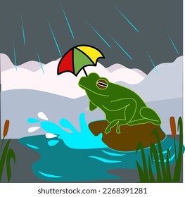 Frog holding umbrella icon. Vector illustration