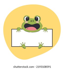 Rana sosteniendo una pancarta blanca. Ilustración vectorial dibujada a mano con fondo amarillo. Plantilla de tarjeta modificable.