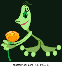 The frog holds a water lily with his hands.