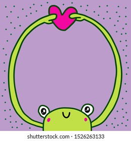 Frog hugs heart hand drawn vector illustration in cartoon style empty space for banner print poster love message pastel colors