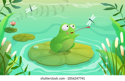 Frog hunting dragonfly pond  swamp lake scenery for kids  Background and waterlily grass   reeds  Vector background in watercolor style 