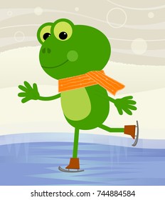 Frog Ice skating - Cute frog with skates is ice skating at the pond. Eps10