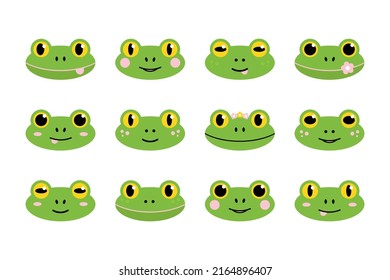 Frog icons. Big set, collection of cute cartoon style green frog characters faces, emoji.