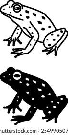 Frosch-Symbole. Schwarzweiße Vektorgrafiken. Amphibien, Amphibien, Kröten. Frosch mit großen Augen und langen Beinen zum Springen. Zum Färben des Buchdesigns. Tierkonzept