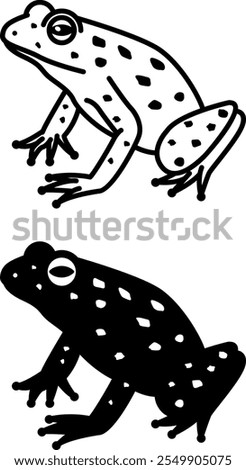 Frog Icons. Black and White Vector Illustrations. Amphibian, Amphibian, Toad. Frog With Big Eyes and Long Legs For Jumping. For Coloring Book Design. Animal Concept