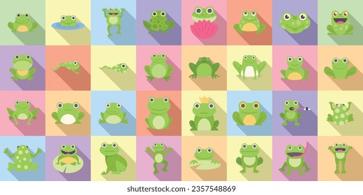 Iconos de rana establecen un vector plano. Agua potable. Mascota de captura