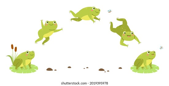 Frog jump. Funny toad step hop sequences, amphibian character moving animation phases, jumping water animal, 2d storyboard. Aquatic reptile mascot. Vector cartoon isolated concept