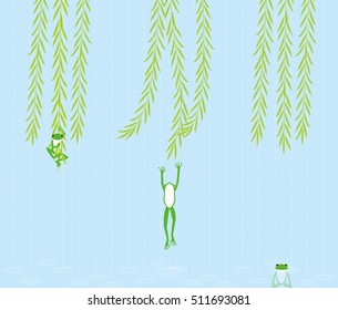 Frog jump in weeping willow. Japan of the story.