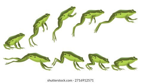 Conjunto de iconos de animación de salto de rana. Video Secuencias o L para el diseño de movimiento. Salto de sapo de dibujos animados, concepto de movimiento animal. Proceso animado de la secuencia de saltos de ranas, Ilustración vectorial