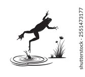 A frog jumping in to the pond silhouette vector white background
