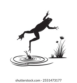 A frog jumping in to the pond silhouette vector white background
