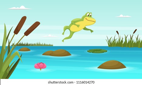 Frog jumping in pond  Vector cartoon background  Illustration toad amphibian