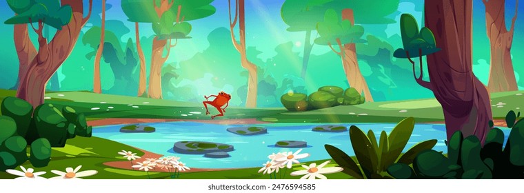 Frog jumping in summer forest lake. Vector cartoon illustration of beautiful natural scenery with blue river, stones in water, green grass and bushes, bright sunlight penetrating foliage of old trees