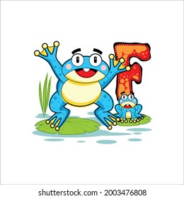 
frog jumping in the swamp with an alphabet that children can read with an illustration cartoon design