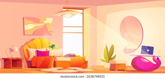 Frog jumps on bed in bright empty bedroom - small green amphibian bounces on yellow shell shaped headboard and pillows. Modern pendant light, potted plant and table with laptop in cozy sleeping space.