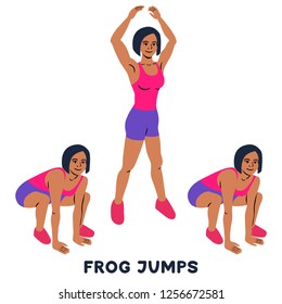 Frog jumps. Sport exersice. Silhouettes of woman doing exercise. Workout, training Vector illustration