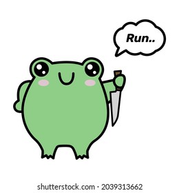 Frog with knife sticker. Emotion is evil, run. The phrase run. Angry frog stock illustration.