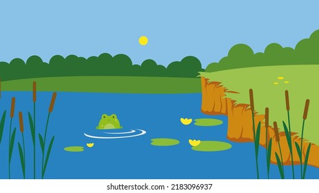 Frog in a lake with water lilies