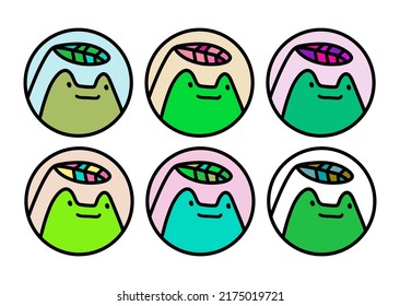 Frosch mit Blattsymbol-Logotyp in cartoon doodle Stil expressive Tier lächelnd grün rosa violett Naturfarben