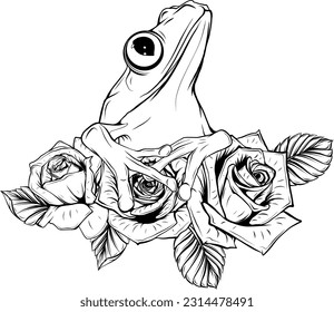 frog with leaves and roses black and white sketch vector illustration