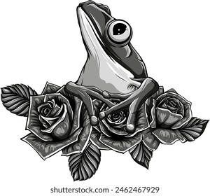 frog with leaves and roses black and white sketch vector illustration