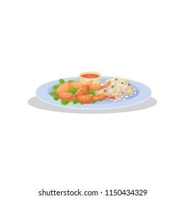 Frog legs with garnish on a plate, delicious dish of French cuisine vector Illustration on a white background