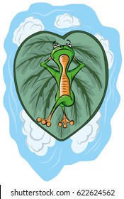 The frog lies on the green leaf and dreams