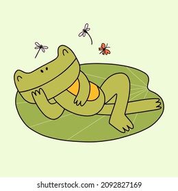 Frog lies on a lily pad. Cute cartoon doodle toad sleeping on the pool. Funny character for stickers, kids wearing, other trendy designs.