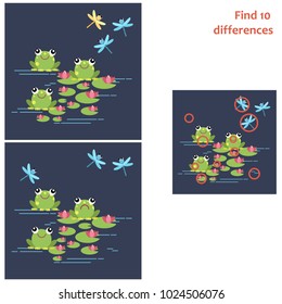 Frog with lily and dragonfly. Find 10 differences. Educational game for children. Cartoon vector illustration