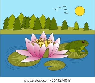 Frog living in the pond or lake vector illustration. Lily flower. Forest, sun and birds. Nature landscape.