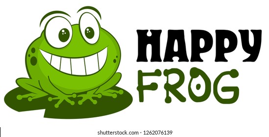 Frog logo mascot vector illustration. Cute funny cartoon hand drawn toad smiling isolated on white background and sitting on leaf. For children goods store logo insignia, kid clothes, prints, zoo.